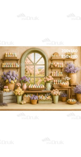 Tło fotograficzne z pastelowymi jajkami i wiosenną aranżacją przy oknie | E579